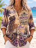 Women's Retro Style Pirate Ocean Theme Long-Sleeve Collared Shirt
