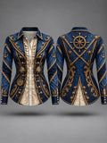Women's Vintage-Style Pirate Art Print Casual Long Sleeve Button Down Shirt