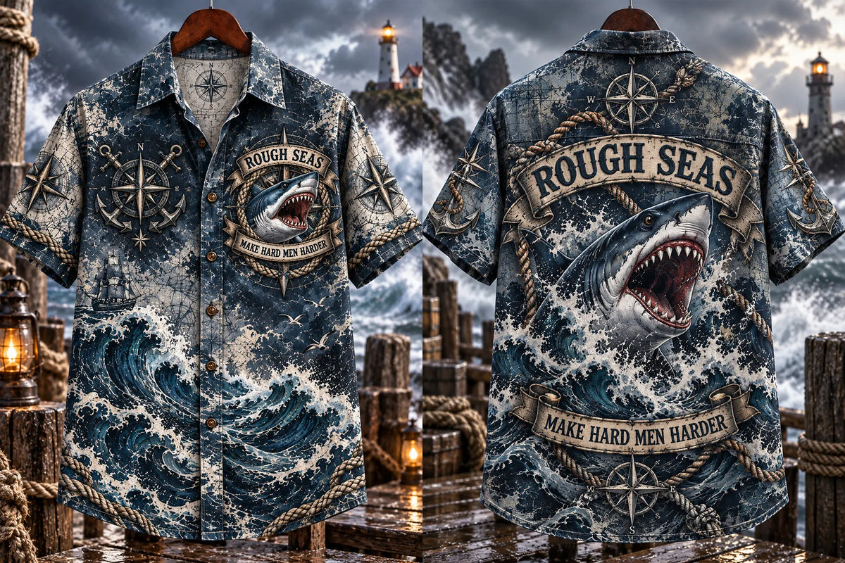 🦈 Rough Seas Make Hard Men Harder Vintage Shark Hawaiian Shirt