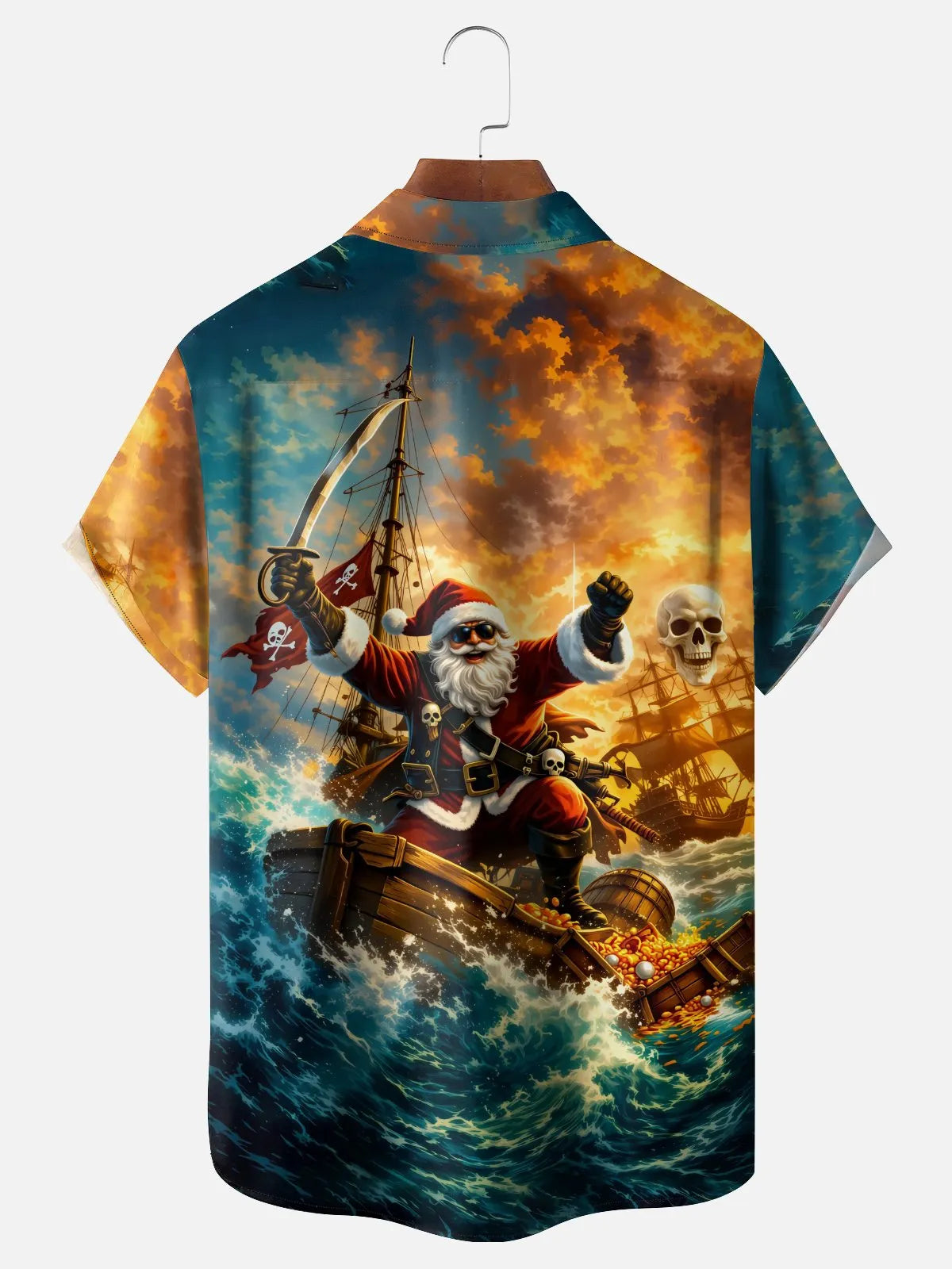 Moisture-Wicking Christmas in July Pirate Santa Chest Pocket Hawaiian Shirt