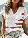Women'S Cotton And Linen American 250Th Anniversary Flag Print Cross Pattern V-Neck Short Sleeved Shirt