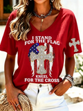 Women's America's 250th Anniversary Stand For The Flag Kneel For The Cross Faith Christian Cross Print T-Shirt