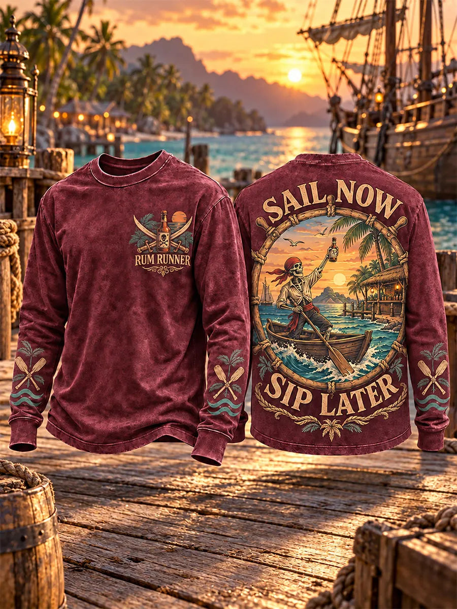 Men’s Pirate Skeleton, Rowboat & Rum Print Long-Sleeve Crewneck T-Shirt