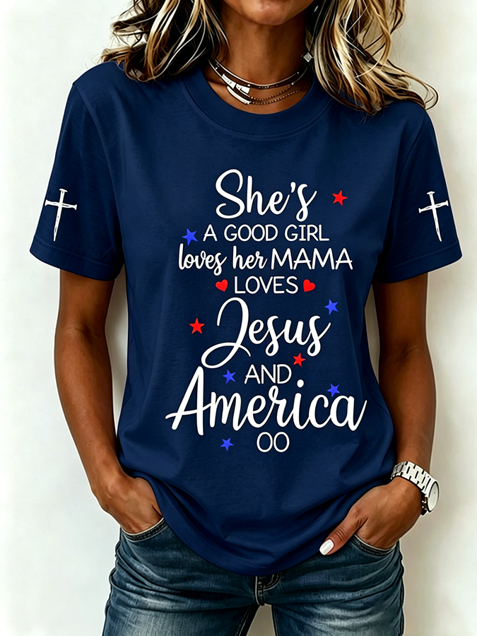 Women'S Loves Jesus and America Too Print Casual Top