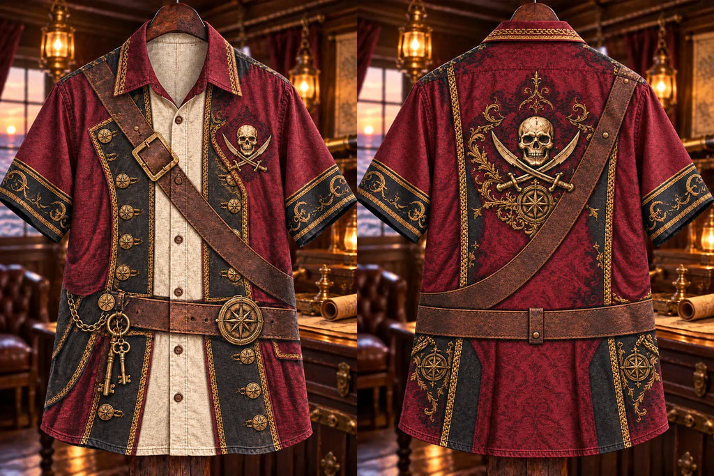 Men’s Pirate Captain Skull & Crossed Swords Print Short-Sleeve Button-Up Shirt