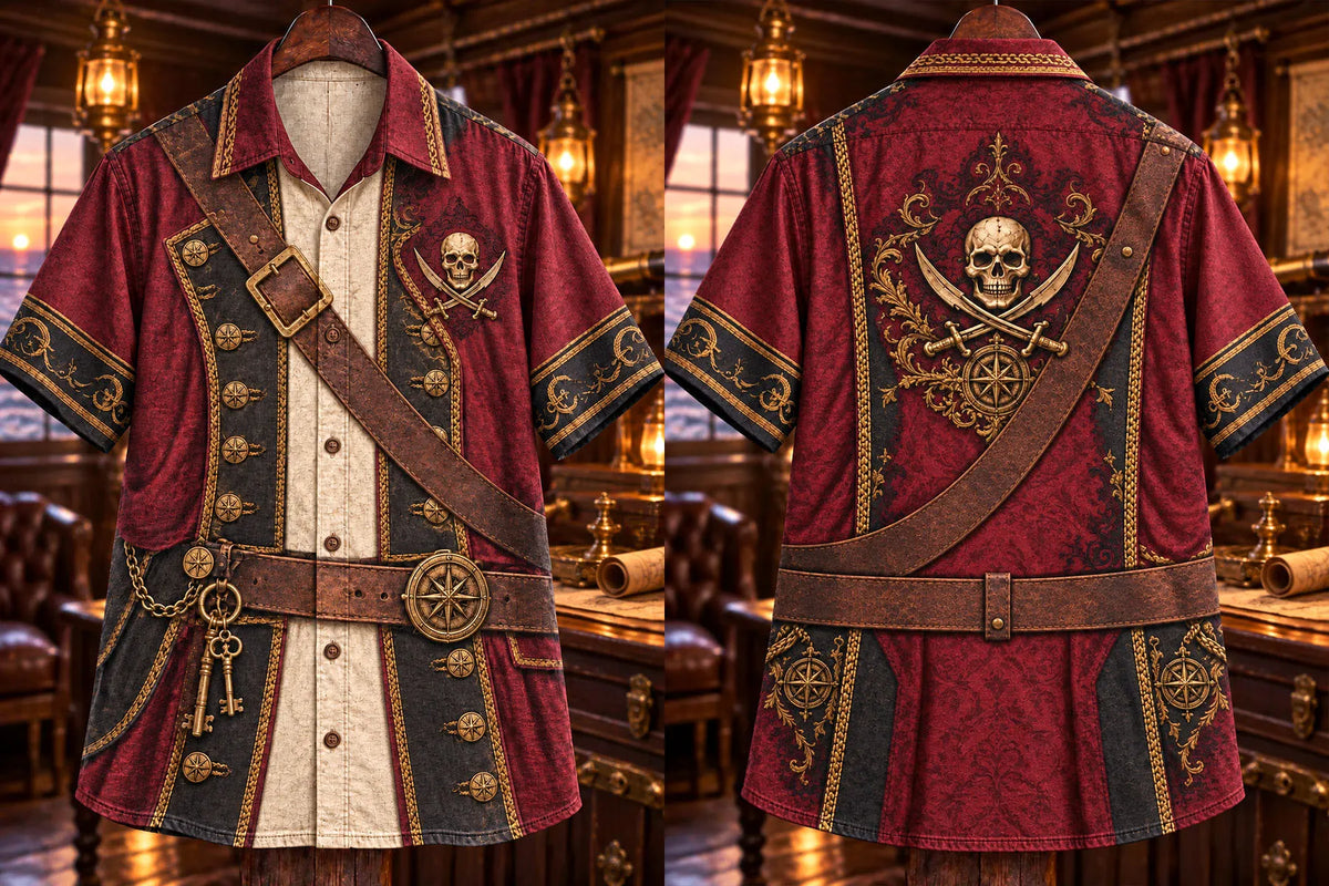 Men’s Pirate Captain Skull & Crossed Swords Print Short-Sleeve Button-Up Shirt