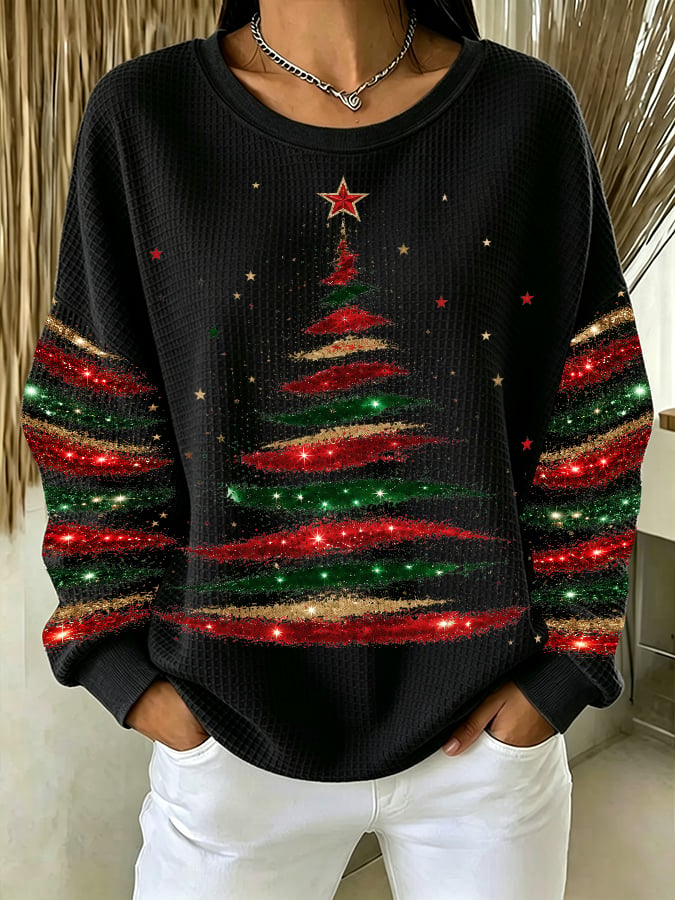 Women's Casual Printed Waffle Long-Sleeve Top