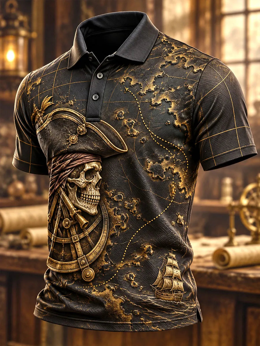Black Gold Pirate Skull Treasure Route Men's Polo Shirt