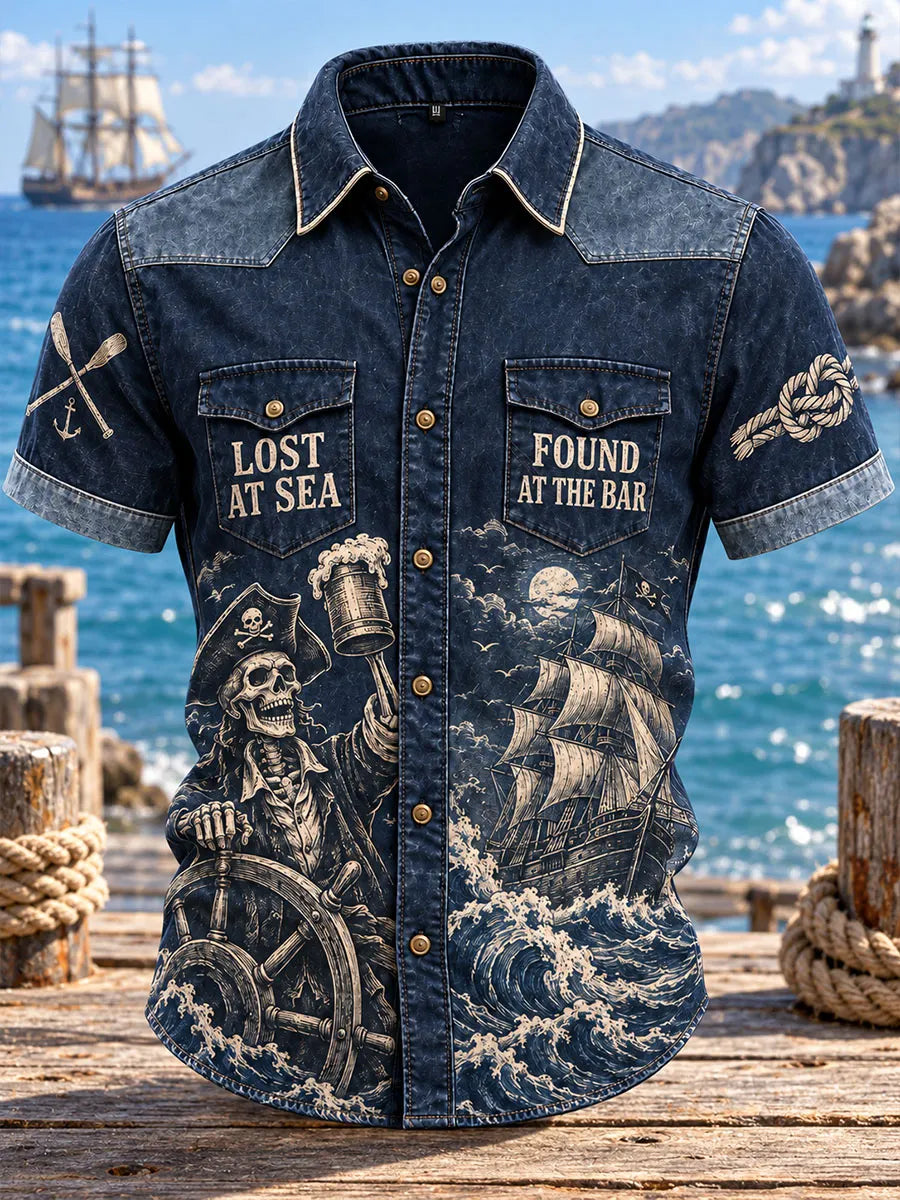 Men’s Vintage Pirate & Ship’s Wheel Double-Pocket Short Sleeve Shirt