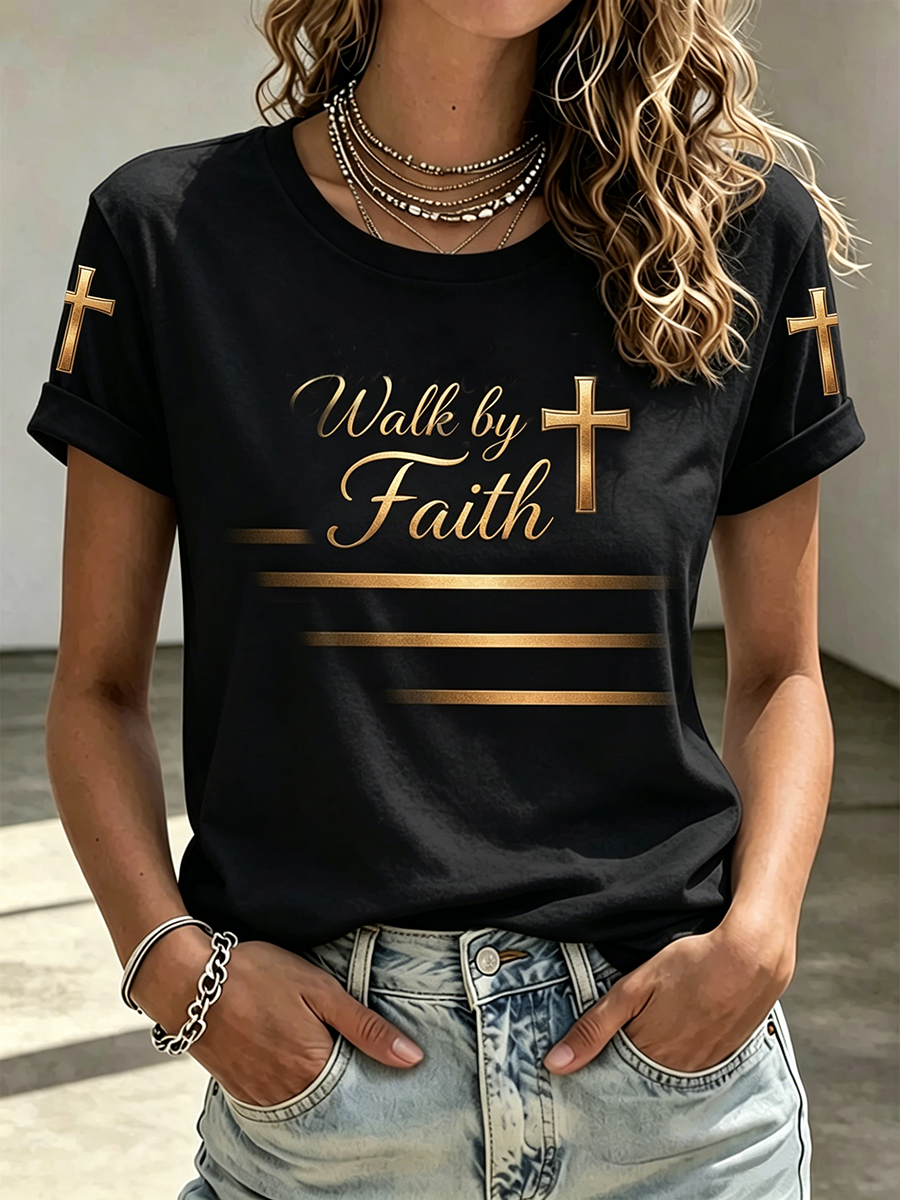 Faith Cross Printed Round Neck Gradient Top