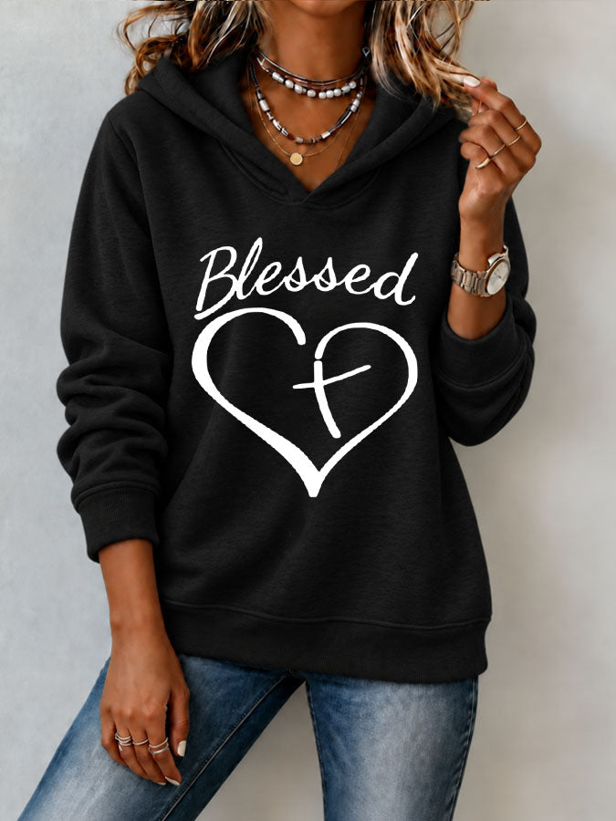 Women'S Blessed Heart Cross Printed Hoodie