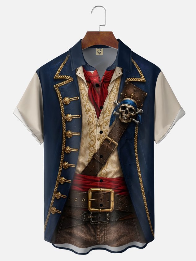 Moisture-Wicking Gradient Skull & Pirate Print  Chest Pocket Hawaiian Shirt