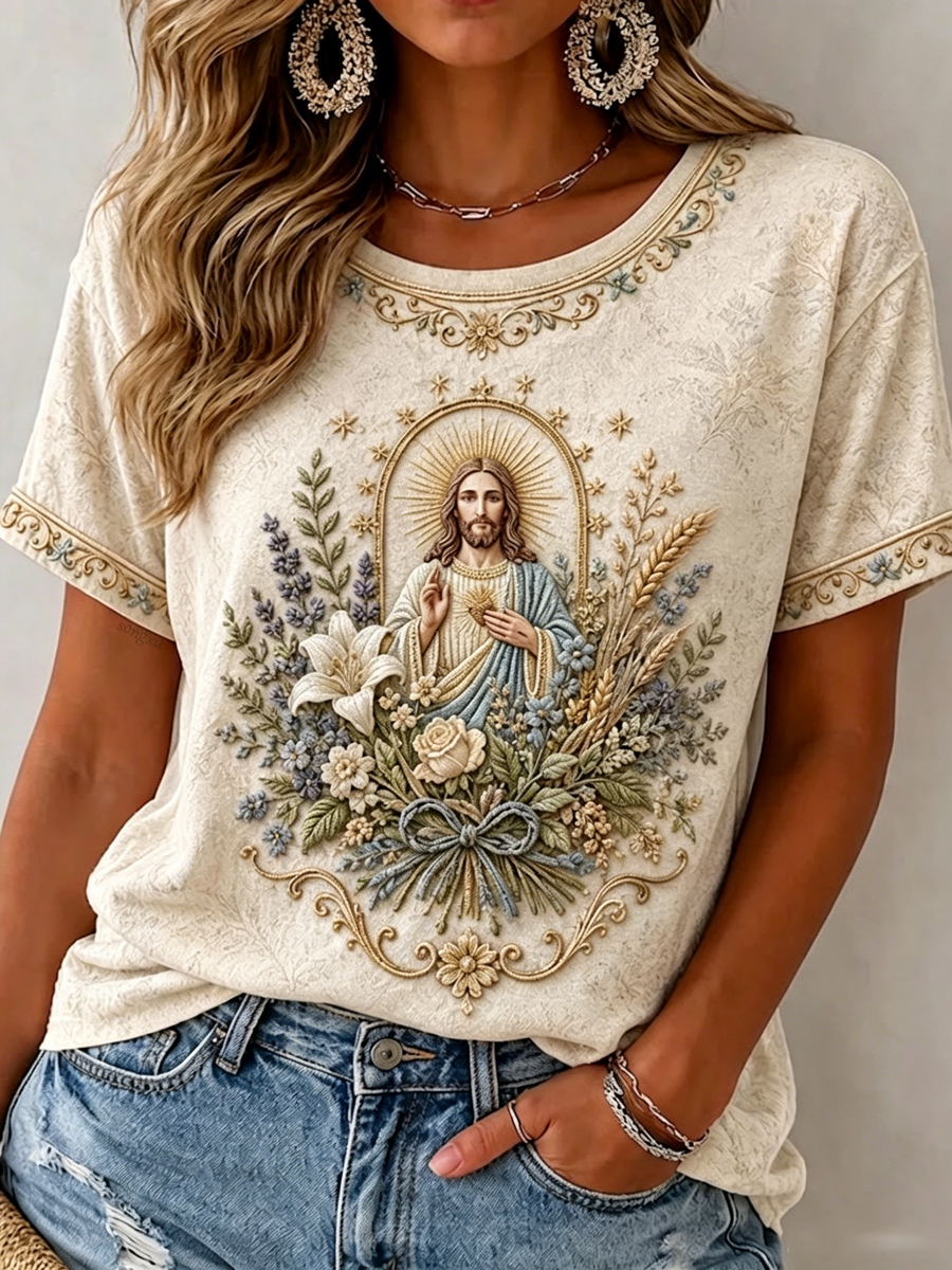 Women'S Jesus Faith Flower Art Printed T-Shirt