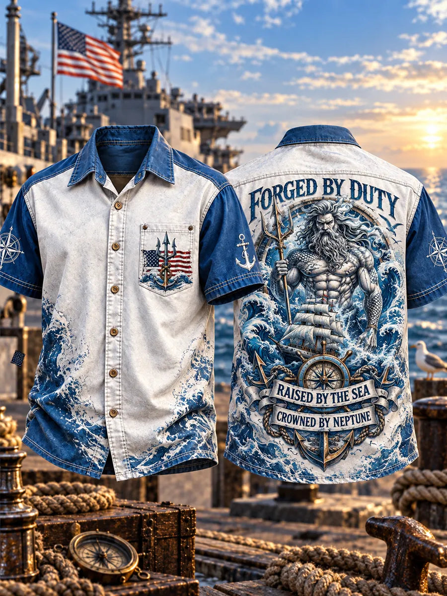 Men’s Veteran “FORGED BY DUTY RAISED BY THE SEA CROWNED BY NEPTUNE ” Printed Short Sleeve Shirt
