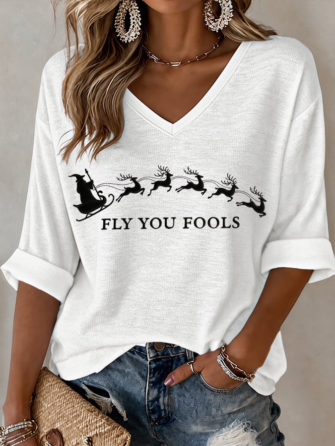 V-Neck Retro Funny Christmas Fly You Fools Reindeer Holiday Season Print T-Shirt