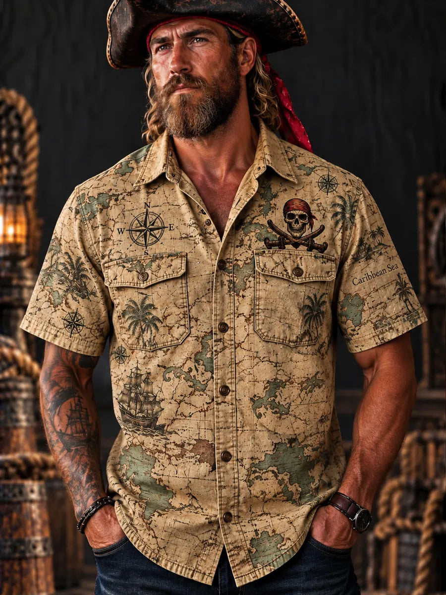 Men’s Vintage  "LOST AT SEA " Old Salt Pirate Short Sleeve Shirt