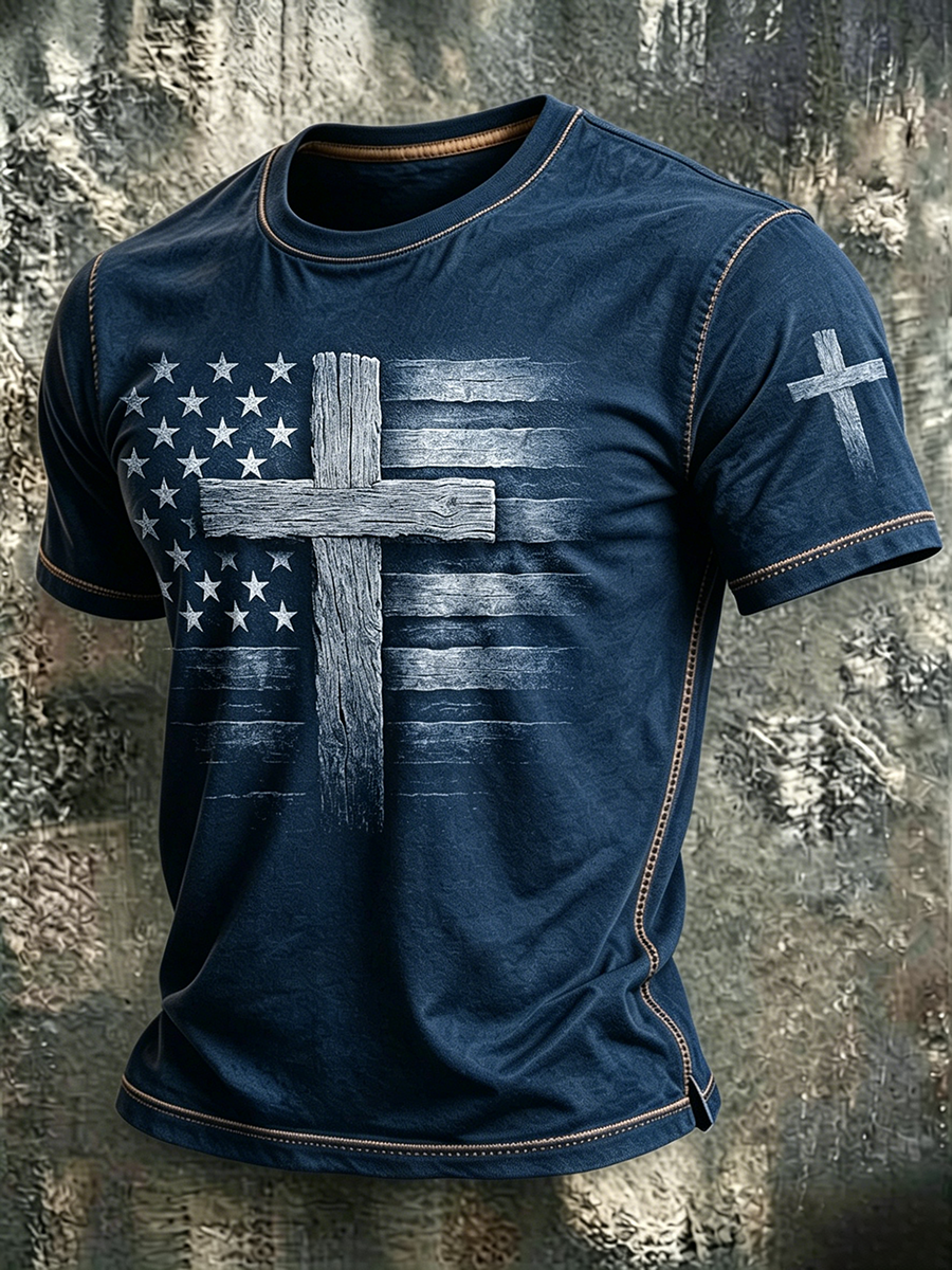 American Flag Faith Printed Round Neck T-shirt