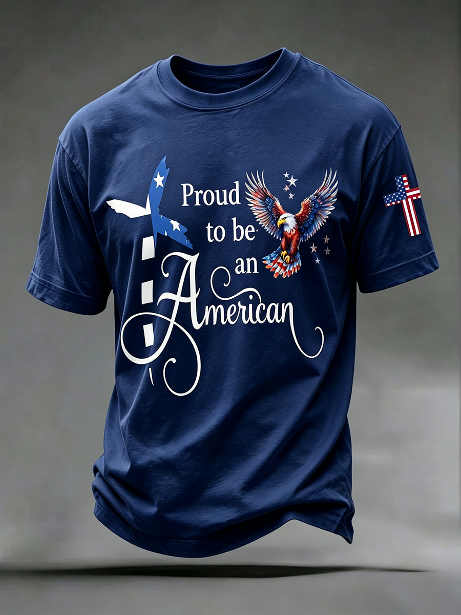 American Faith Cross Slogan Commemorative Print Round Neck T-Shirt