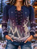 Women's Winter Deer Forest Print Stitch Detail Lace-Up Sweatshirt