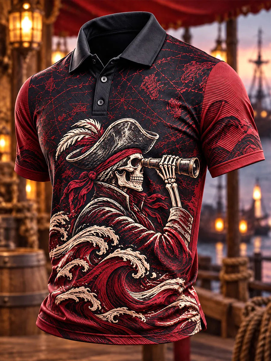 Crimson Wave Pirate Skull Spyglass Men's Polo Shirt
