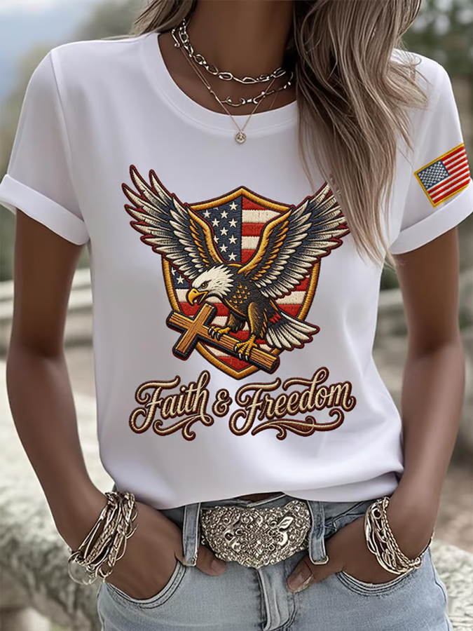 Women's America Flag Eagle Printed Casual T-shirt