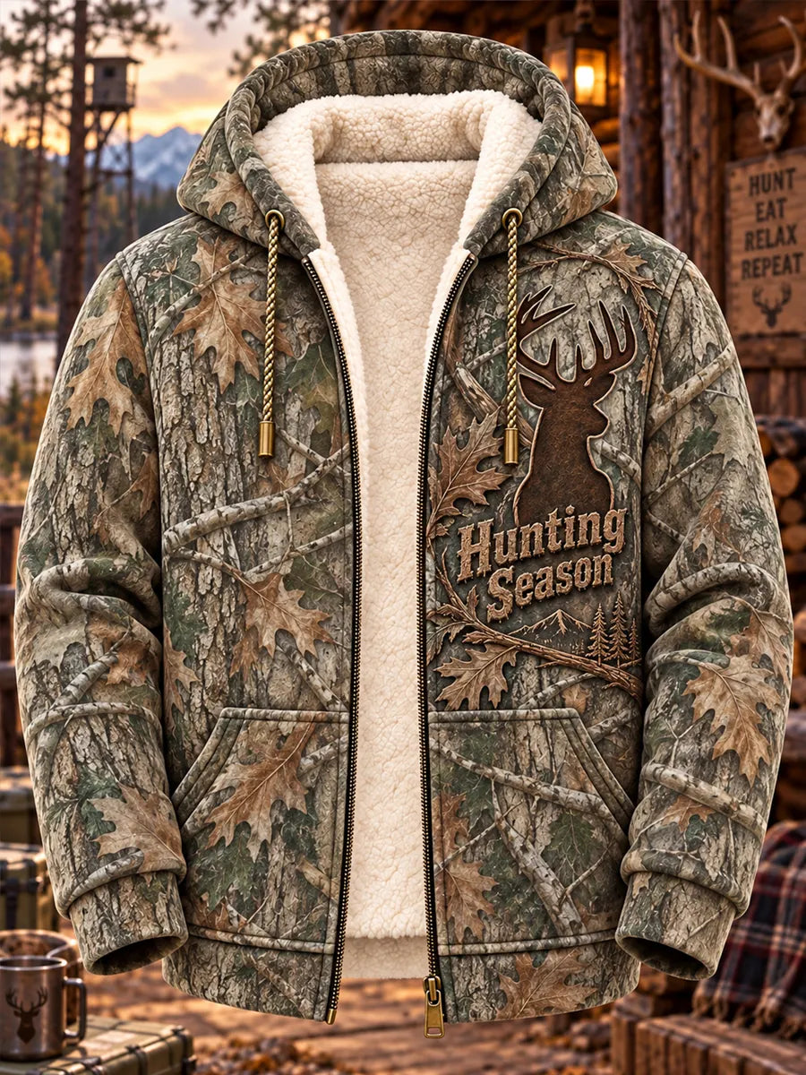 Mountain Forest Buck Vintage Hunting Sherpa-Lined Hoodie