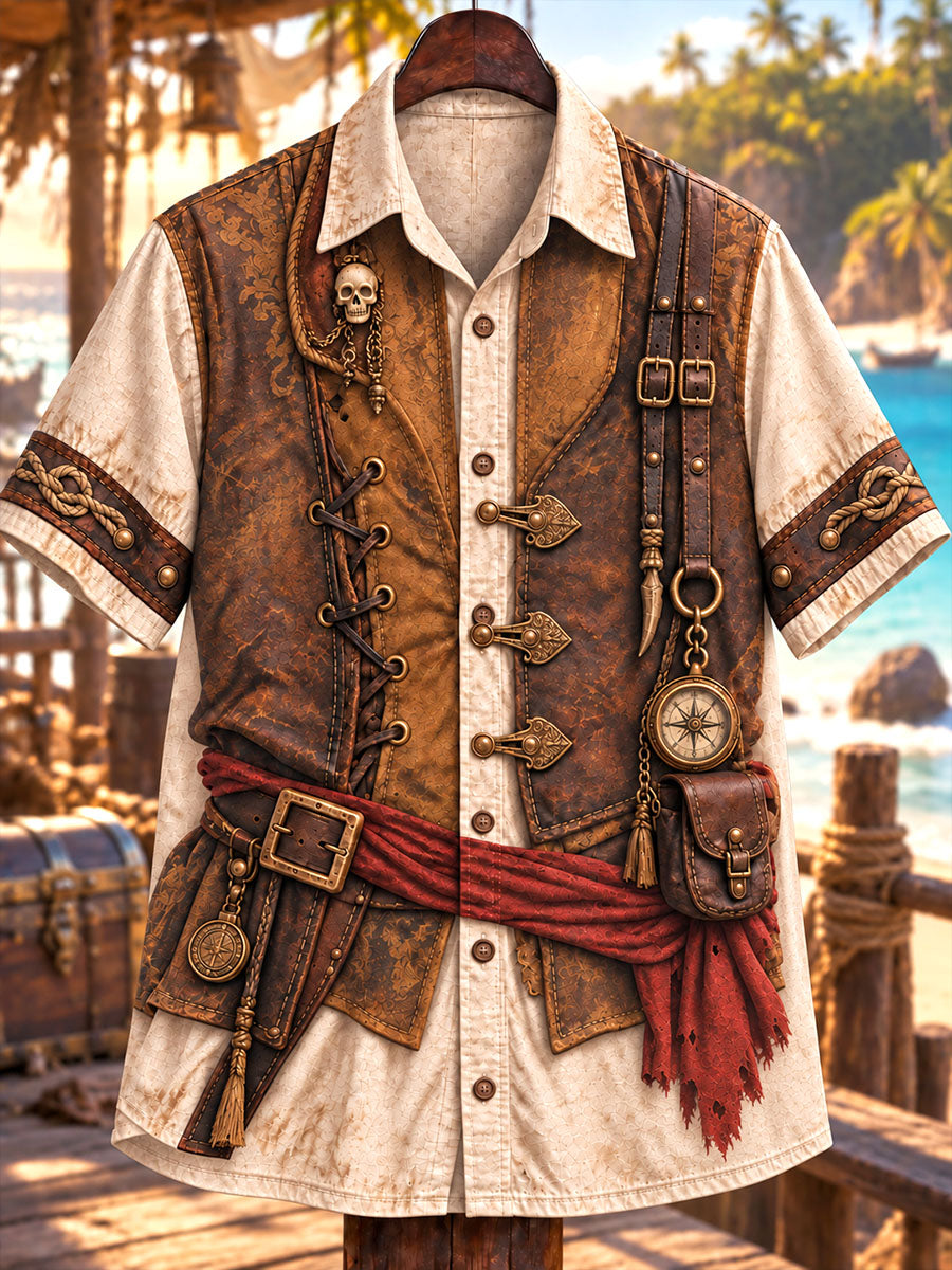 Men’s Vintage Pirate Vest-Effect Print Short-Sleeve Button-Up Shirt