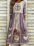 Women's Retro Oil Painting Farm Floral Cross Color Block Cotton Linen Dress