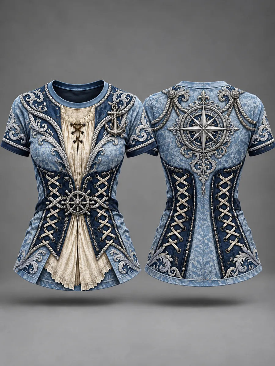 Women's Vintage-Style Pirate Art Print Casual T-Shirt