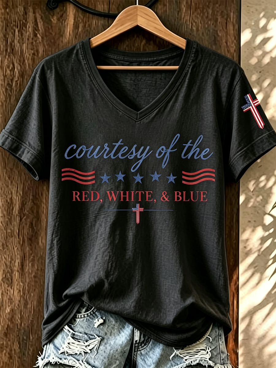 American Faith Cross Flag Commemorative Print V-Neck T-Shirt