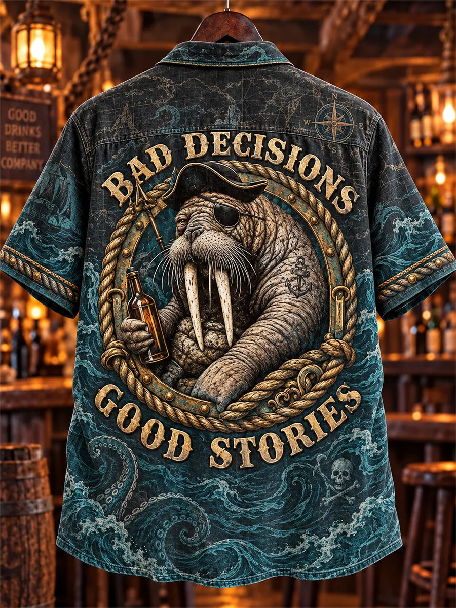 🍺"Bad Decisions Good Stories" Pirate Walrus Denim Shirt🦭