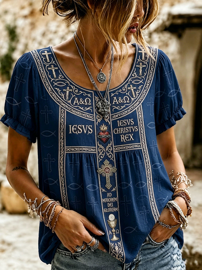 Women's Religious Beliefs Floral Printed Casual Cotton and Linen Top