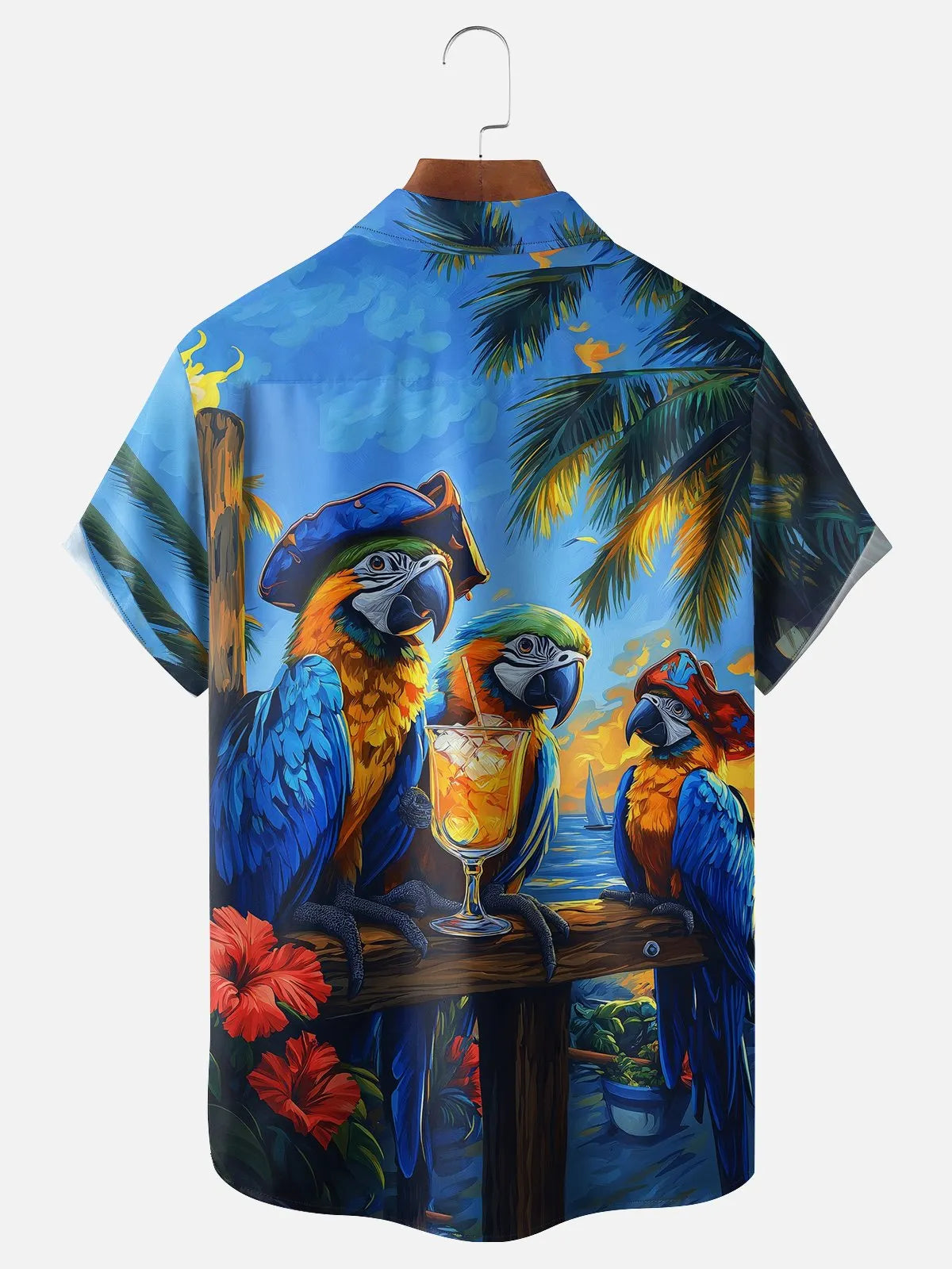 Moisture-wicking Pirate Captain Parrots Chest Pocket Hawaiian Shirt