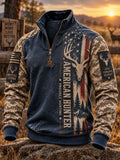 Men's Retro Deer Hunting Print Casual Zip-Up Sweatshirt