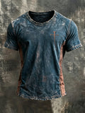Men's Religious Beliefs Casual Washed Striped Cotton Linen Round Neck T-shirt
