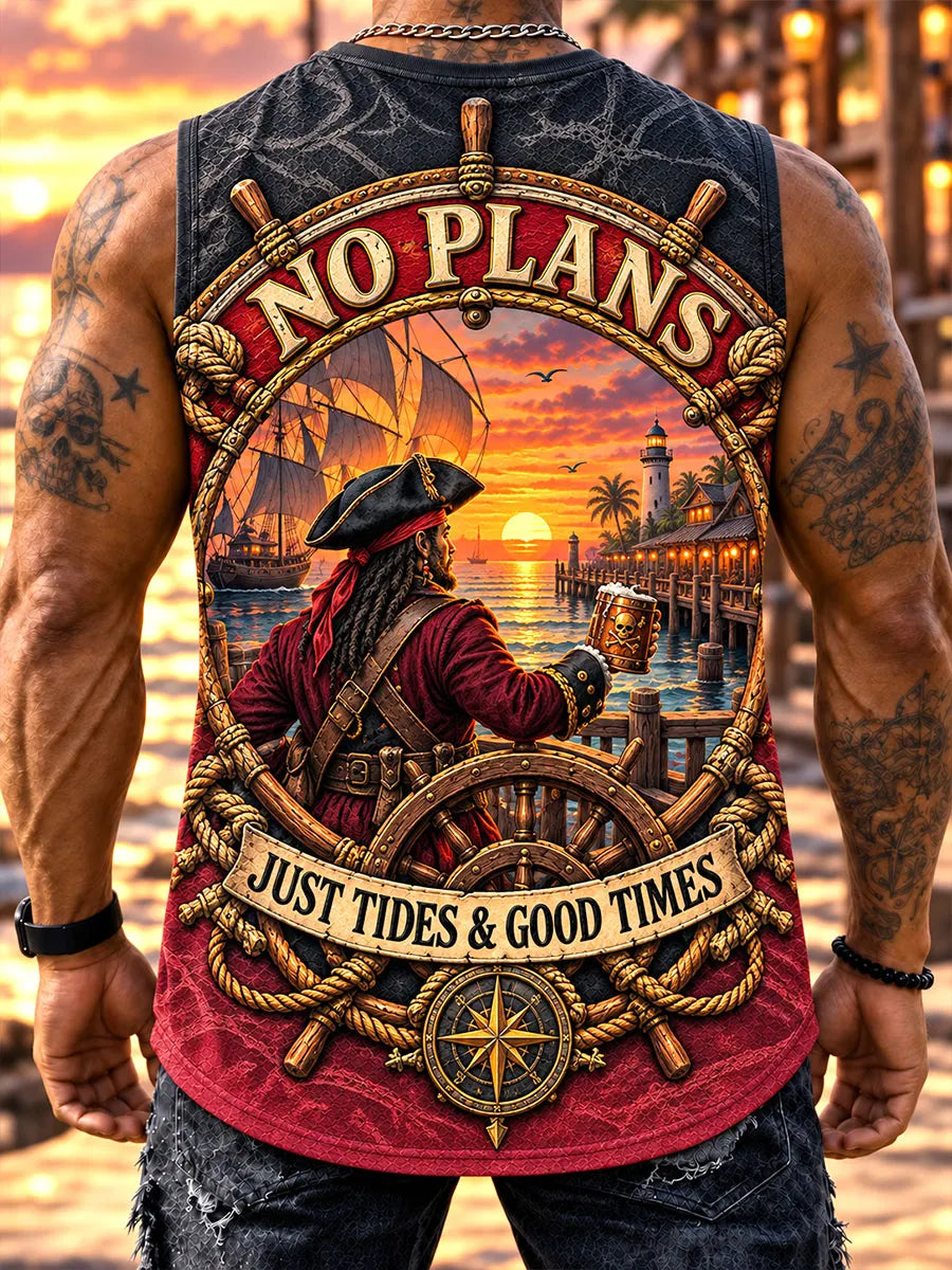 Men’s “No Plans” Pirate Captain & Sunset Nautical Print Sleeveless Tank Top