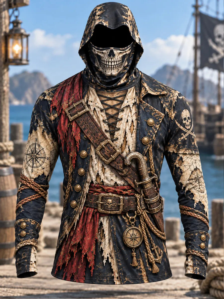 Vintage Pirate Skull Costume Print Hooded Long Sleeve Shirt – Men's Gothic Pirate Style