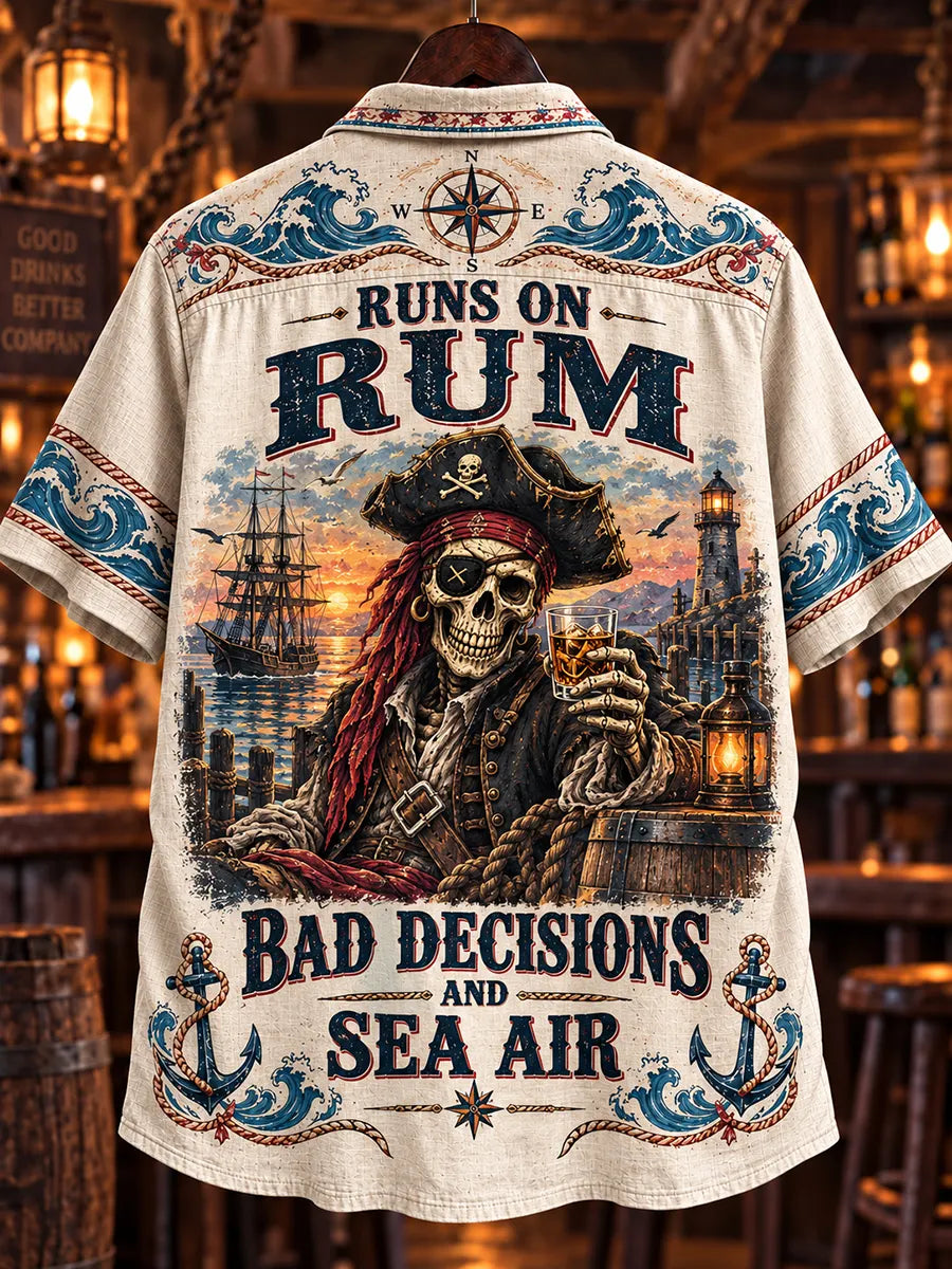 ⚓ "Runs on Rum" Antique Map & Lighthouse Pirate Shirt