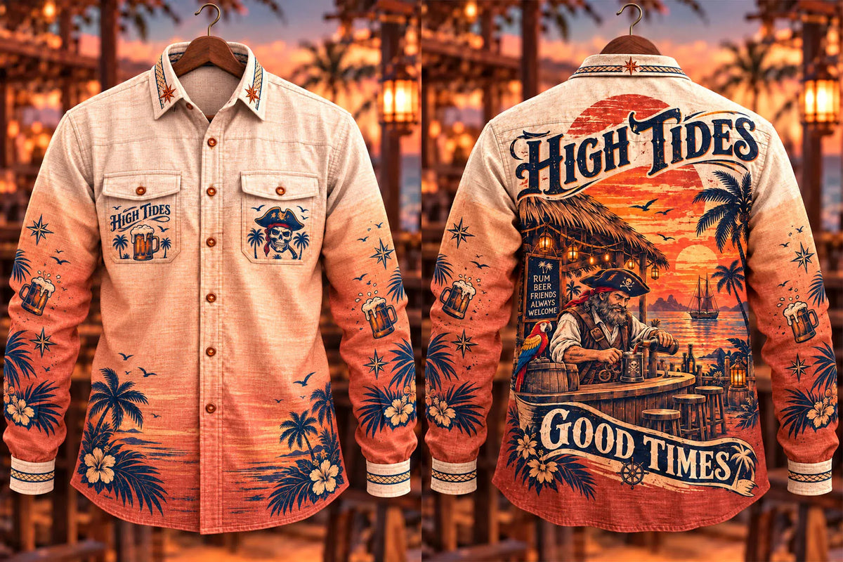 Men's Vintage Pirate Tavern Sunset Print Long Sleeve Shirt