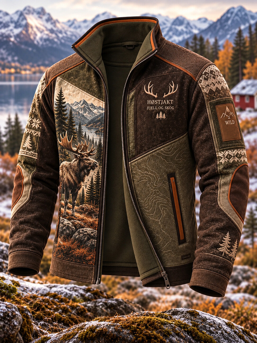 Men's Hunting Season Moose Mountain Landscape Print Zip-Up Jacket