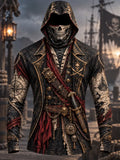 Vintage Pirate Skull Costume Print Hooded Long Sleeve Shirt – Men's Gothic Pirate Style