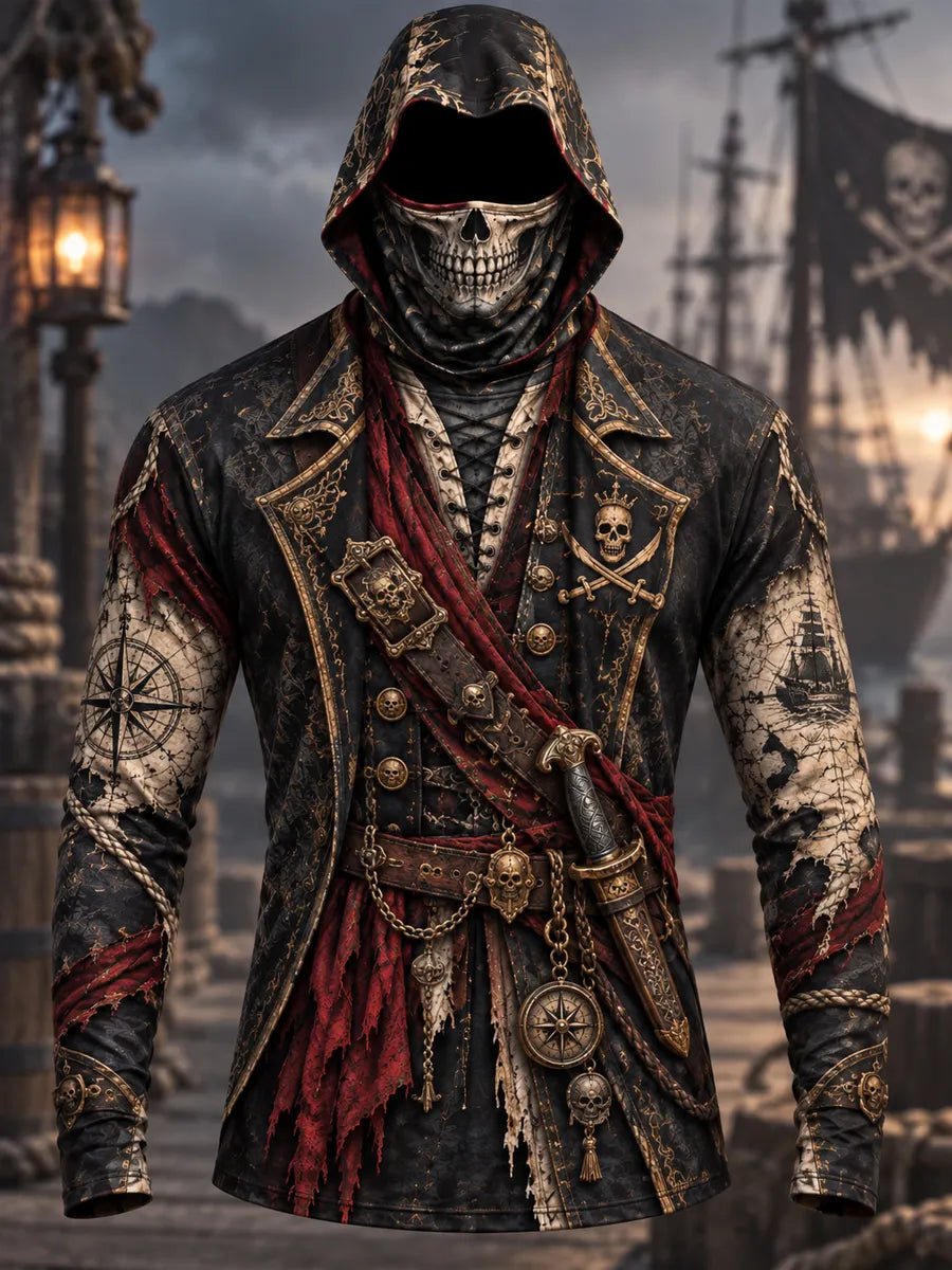 Vintage Pirate Skull Costume Print Hooded Long Sleeve Shirt – Men's Gothic Pirate Style