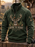 Men's Retro Deer Hunting Print Casual Zip-Up Sweatshirt