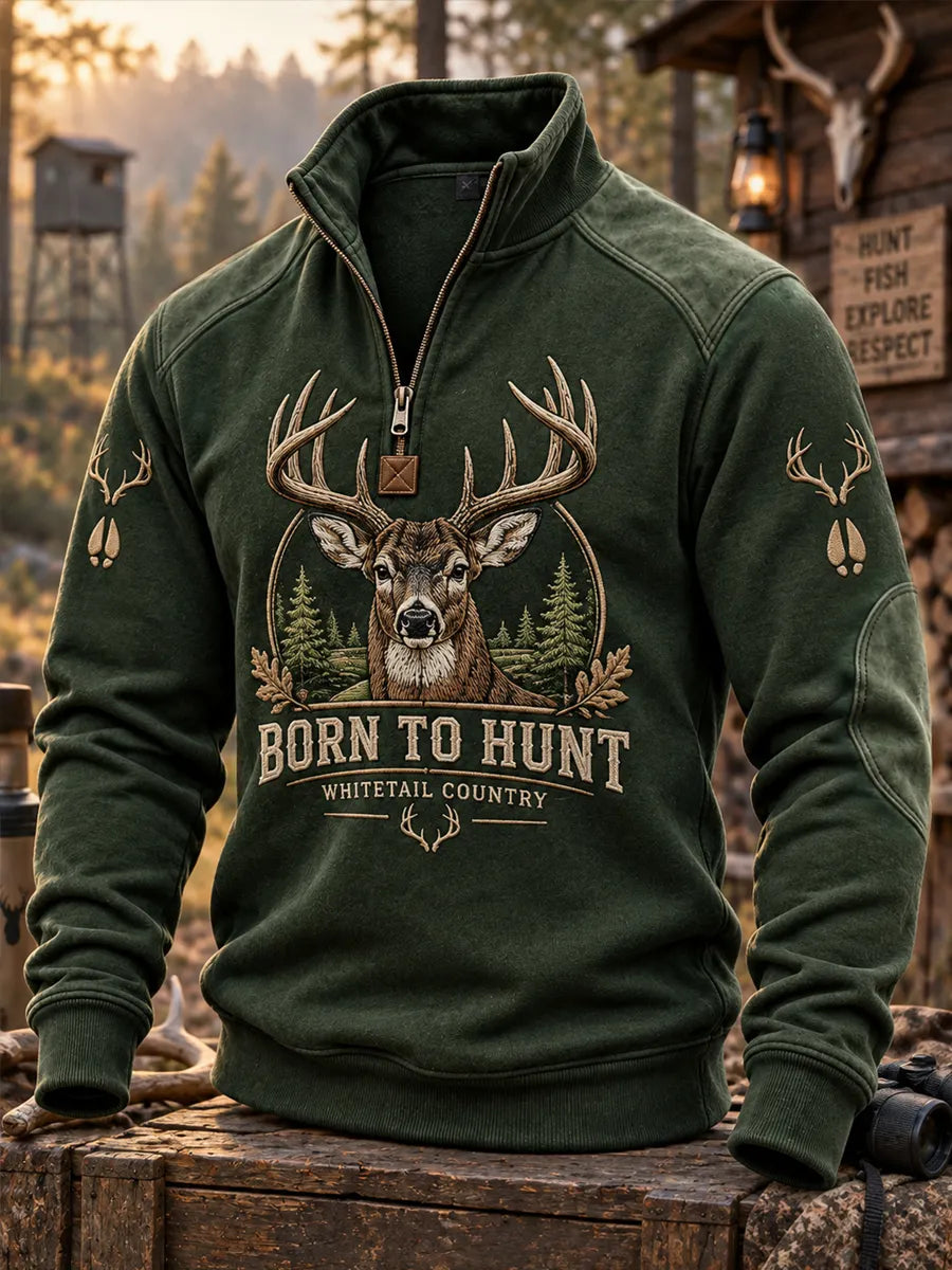 Men's Retro Deer Hunting Print Casual Zip-Up Sweatshirt