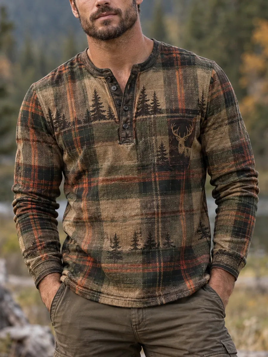 Men’s Retro Hunting Culture Print Casual Long Sleeve Henley Shirt