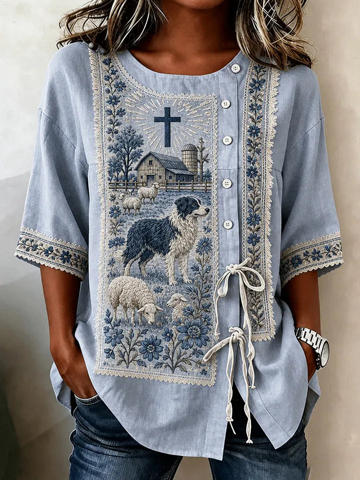 Women's Embroidered Sheep, Sheep, Cross, Floral Cotton Linen T-shirt