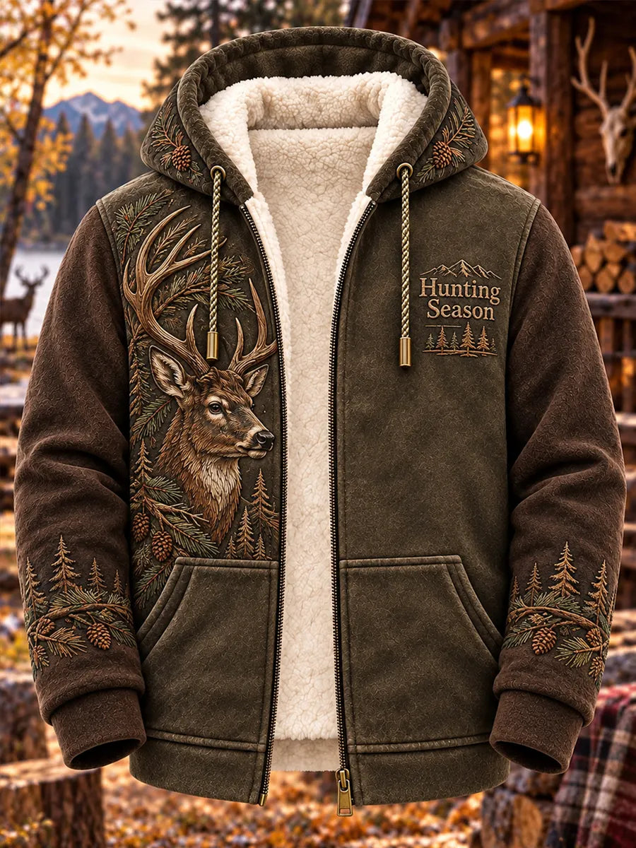 Mountain Forest Buck Vintage Hunting Sherpa-Lined Hoodie
