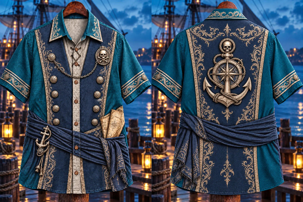 Men’s Pirate Anchor & Compass Print Short-Sleeve Button-Up Shirt