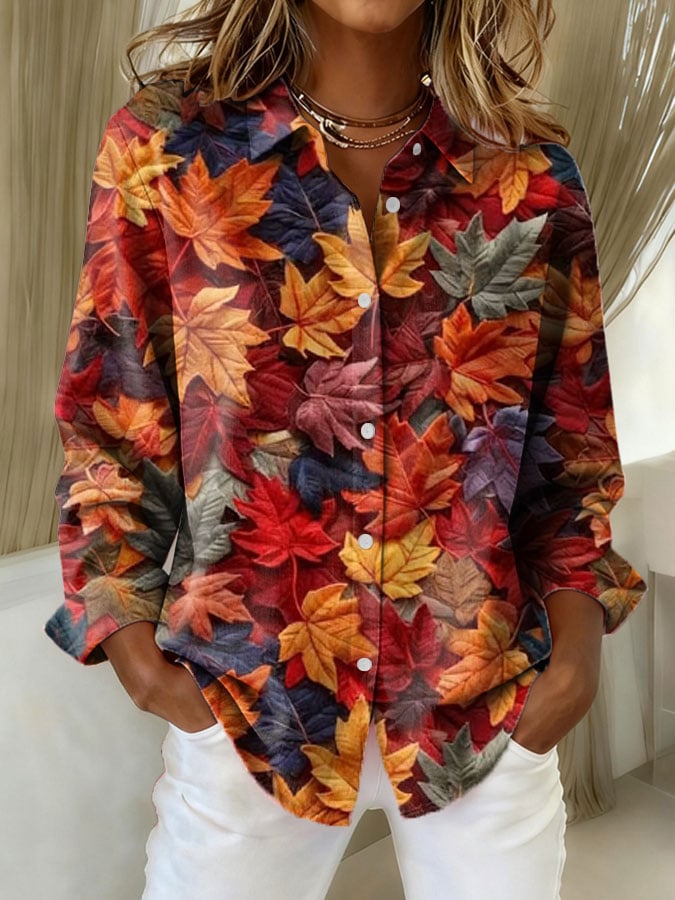 Women's Autumn Leaves Print Casual Lapel Shirt