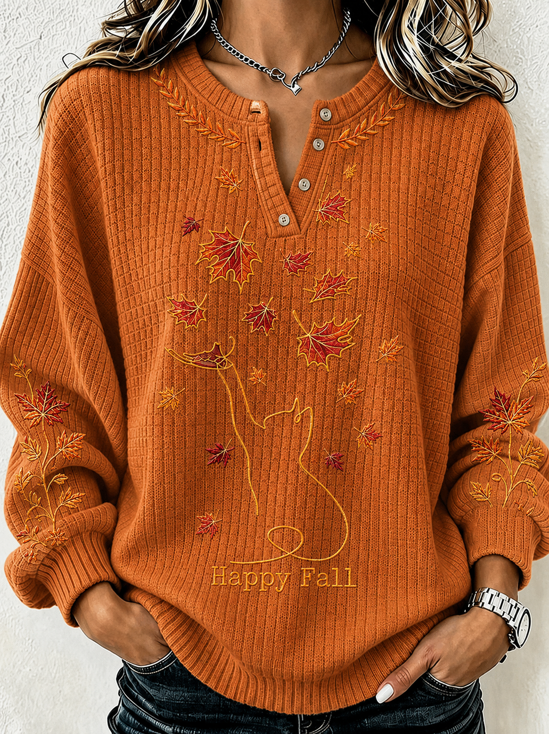 Women'S Casual Henry Collar Autumn Happy Cat Print Hoodie